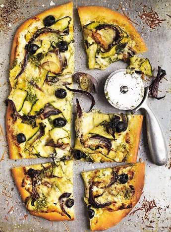 Pizza Bianca with Goat’s Cheese, Courgettes and Black Olives