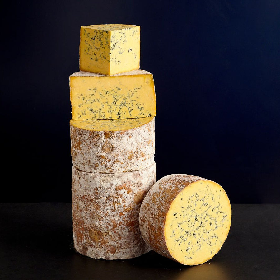 A tower of Shropshire Blue in various portions.