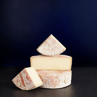 Small group of a whole and cut pieces of Spenwood vegetarian sheep’s milk cheese, showing the thin, natural rind and firm, sweet, milky paste