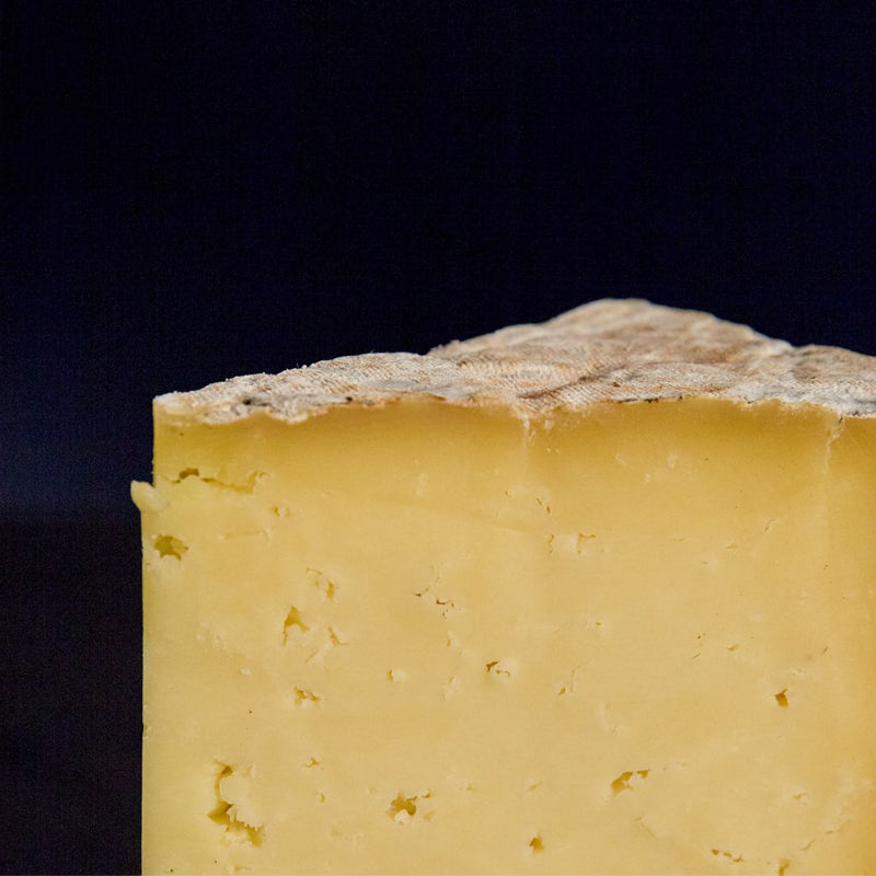 Close up of a cut piece of Whin Yeats Wensleydale raw cow’s milk cheese showing the golden-coloured buttery, crumbly paste and the rind