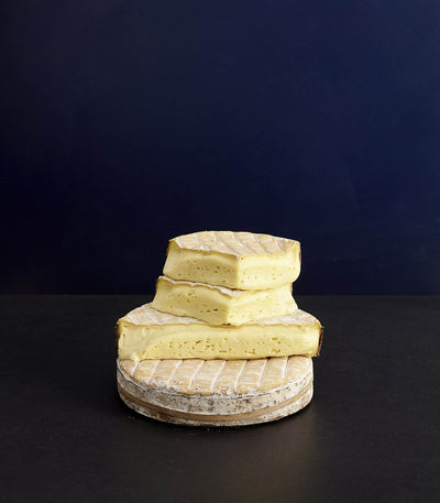 Pile of whole and cut, washed rind Rollright cheeses, made from cow's milk, with soft, unctuous paste and wrapped in a band of spruce bark