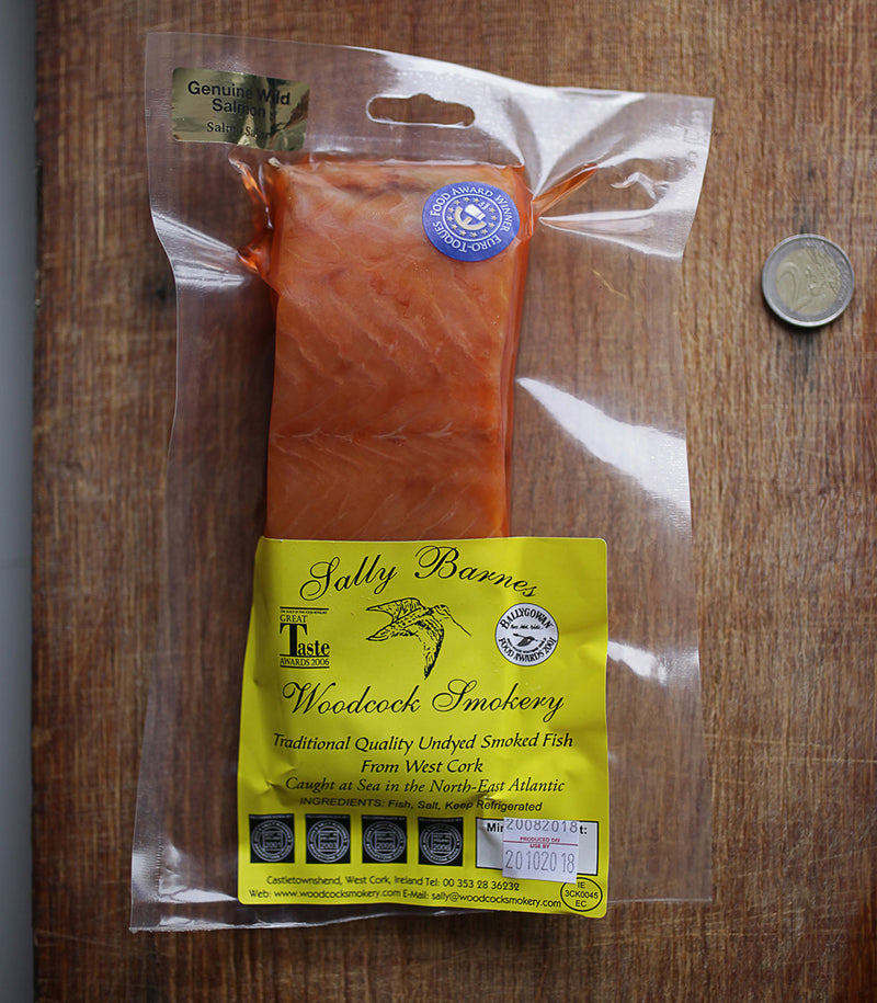 A deep reddish-pink piece of wild, traditionally-smoked salmon from Ireland